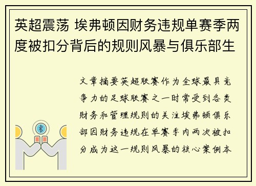 英超震荡 埃弗顿因财务违规单赛季两度被扣分背后的规则风暴与俱乐部生存考验